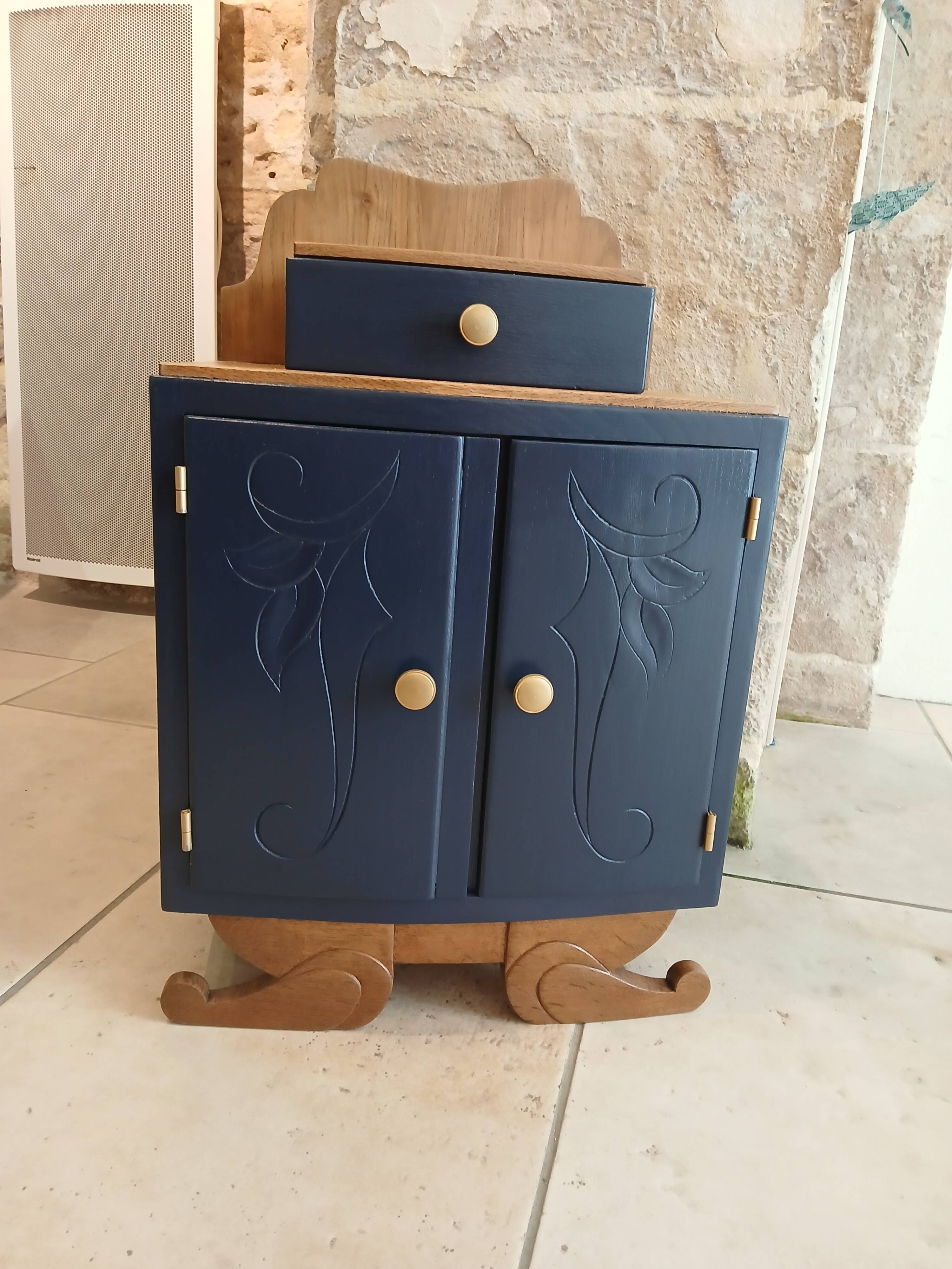 deep blue and wood refurbished bedside table