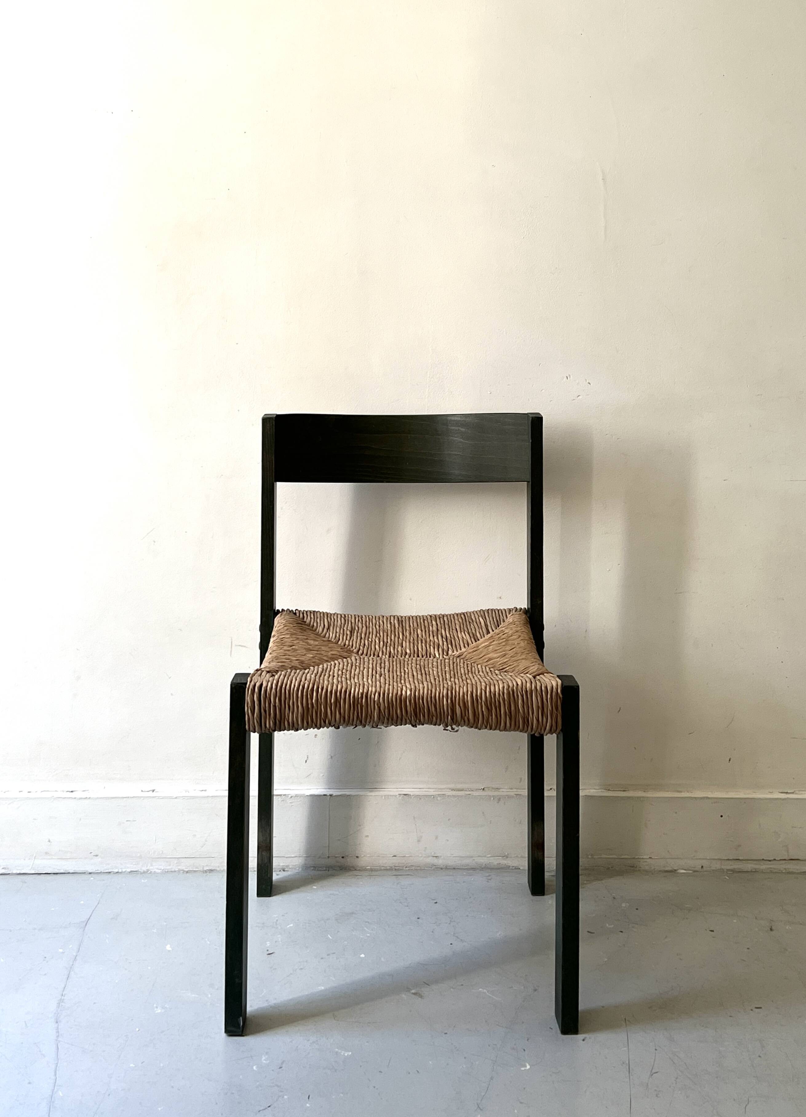 Bottle green patinated wooden straw chair, France 1950
