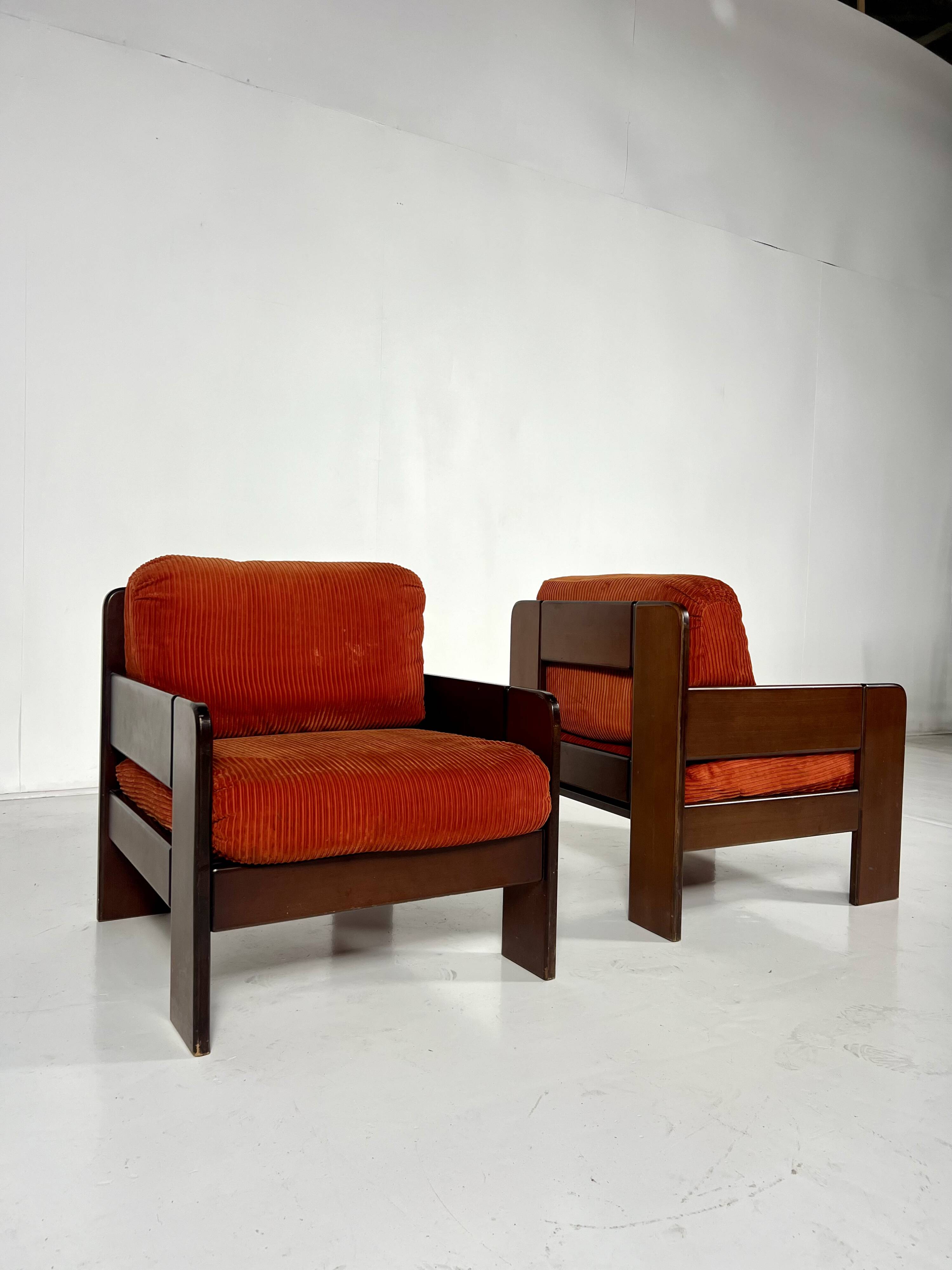 Mid-Century Armchairs, Original Orange Velvet, Italy, 1970s