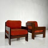 Mid-Century Armchairs, Original Orange Velvet, Italy, 1970s