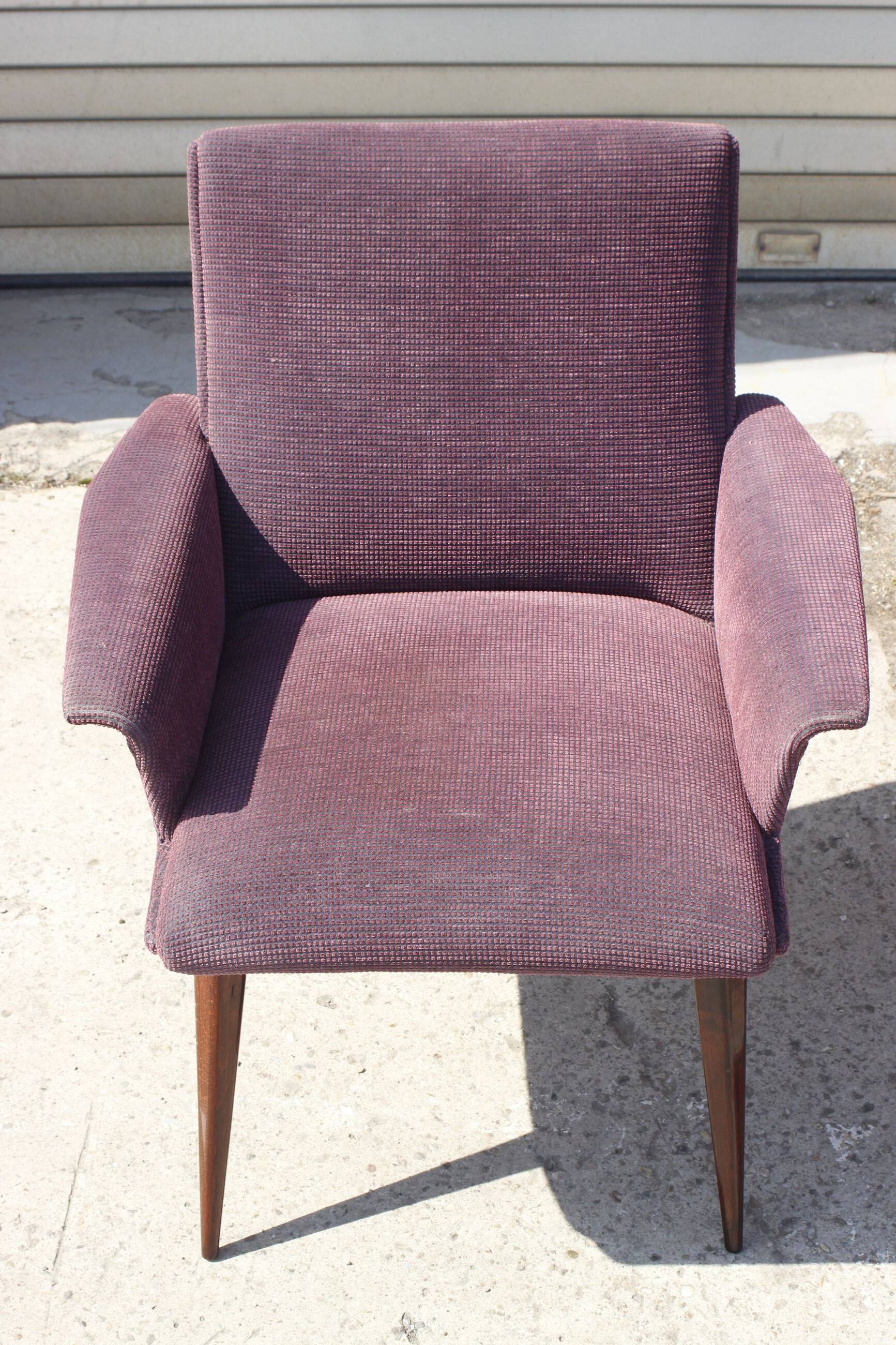 Pair of vintage purple velvet compass foot armchairs 1950s