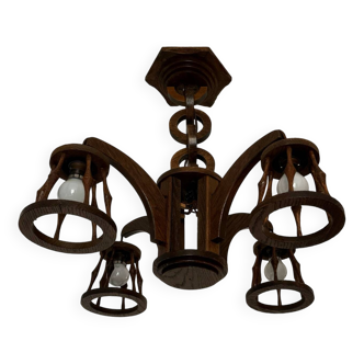 Lustre 4 feux en bois, années 50