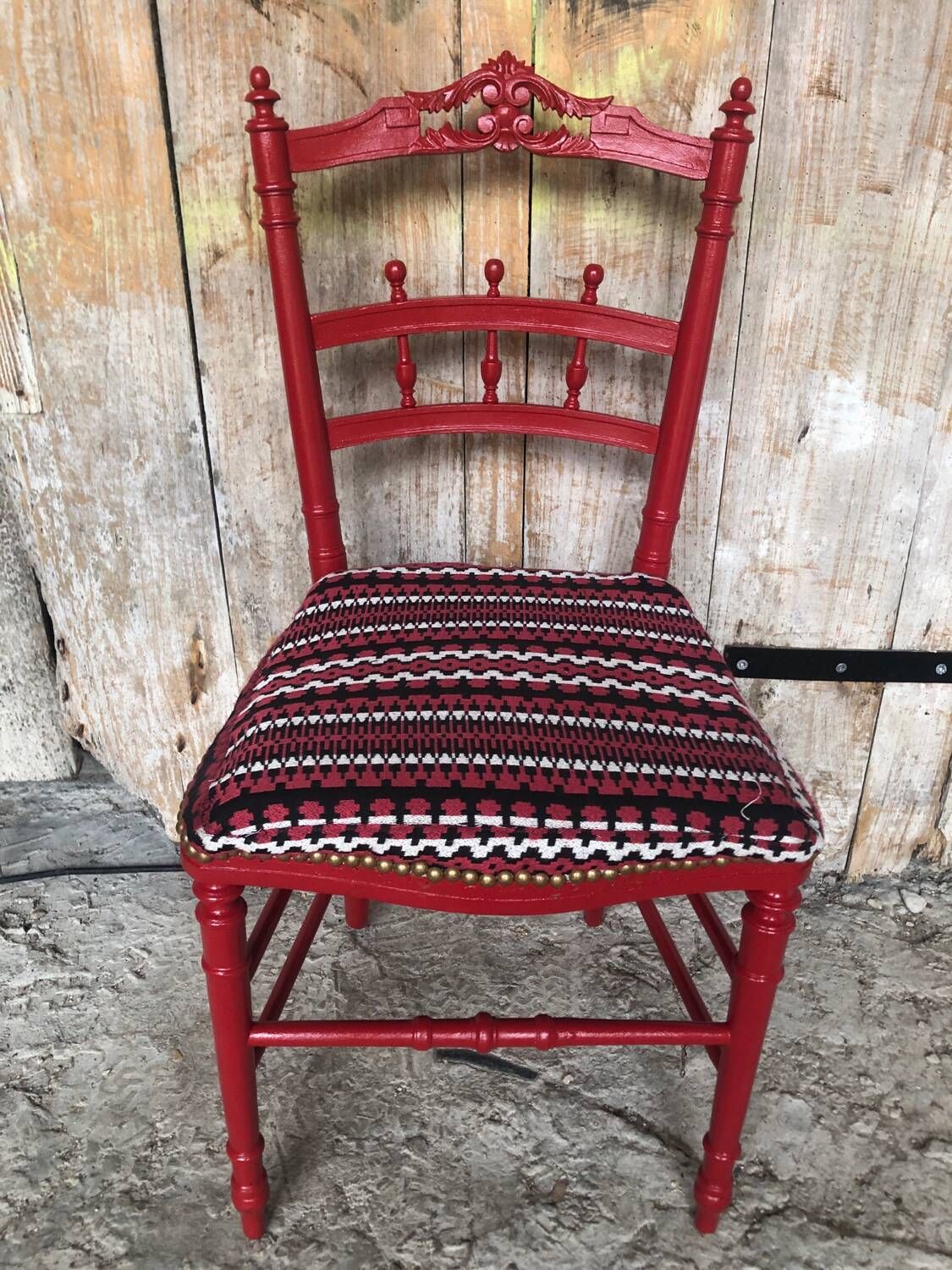 Red carved wood bedroom chair & vintage striped fabric seat