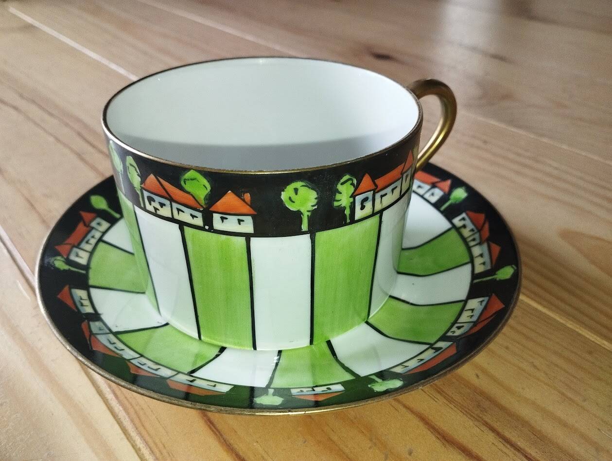 Antique cup and two saucers – Art Deco geometric design
