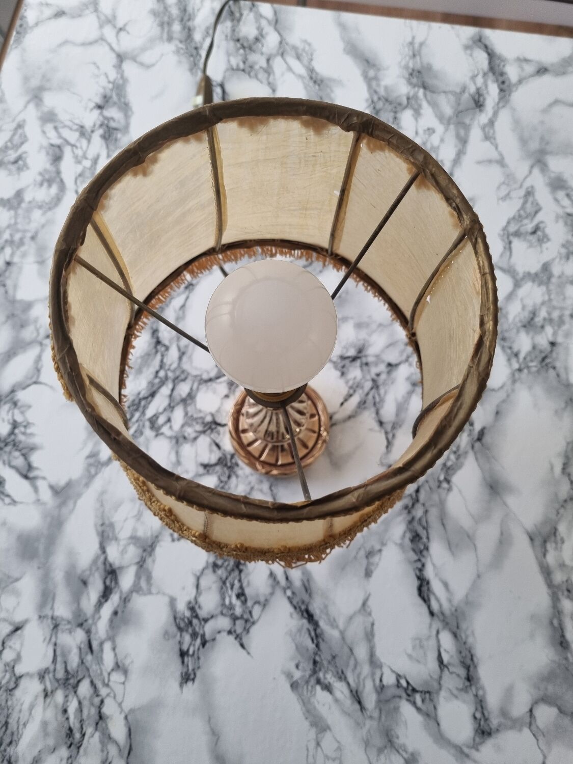 Brass lamp with vintage mother-of-pearl lampshade