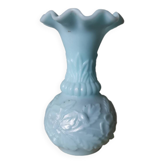 Vintage vase in blue opaline pressed molded glass flower pattern