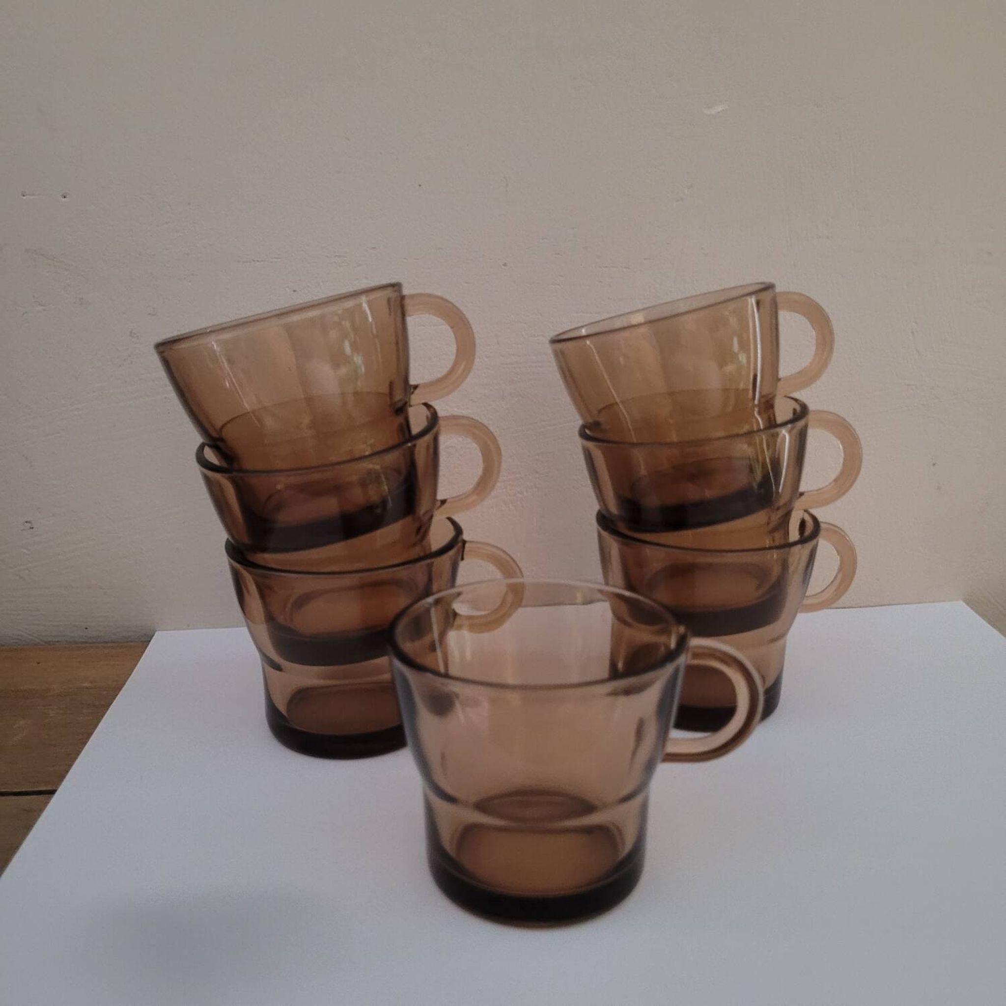 Set of 7 vintage smoked glass coffee cups - 1970s-80s