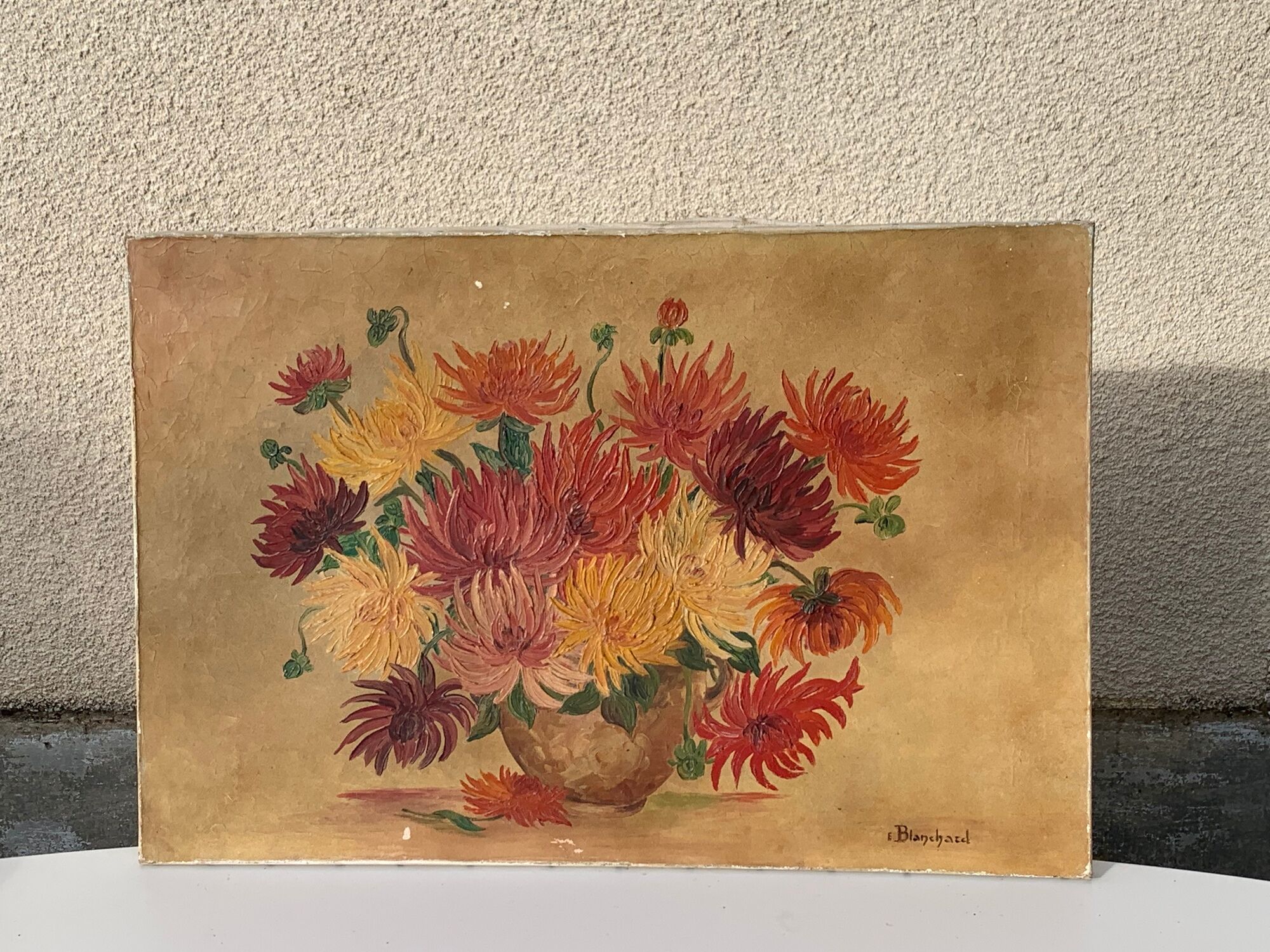 Painting the bouquet of vintage dahlias signed Blanchard
