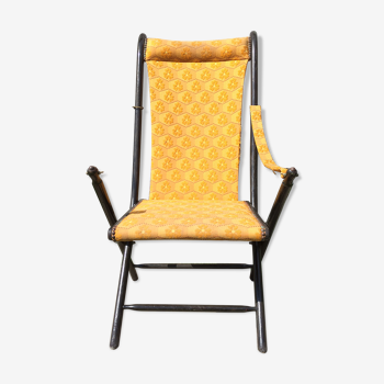 Former Napoleon III black wood pliante chair - vintage yellow fabric