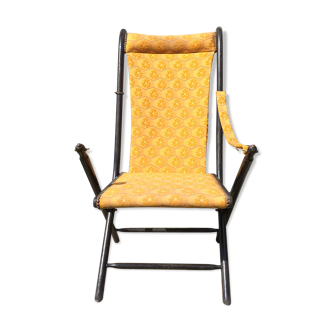 Former Napoleon III black wood pliante chair - vintage yellow fabric