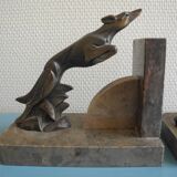 Paire de serre-livres lévriers Art déco en bronze et marbre