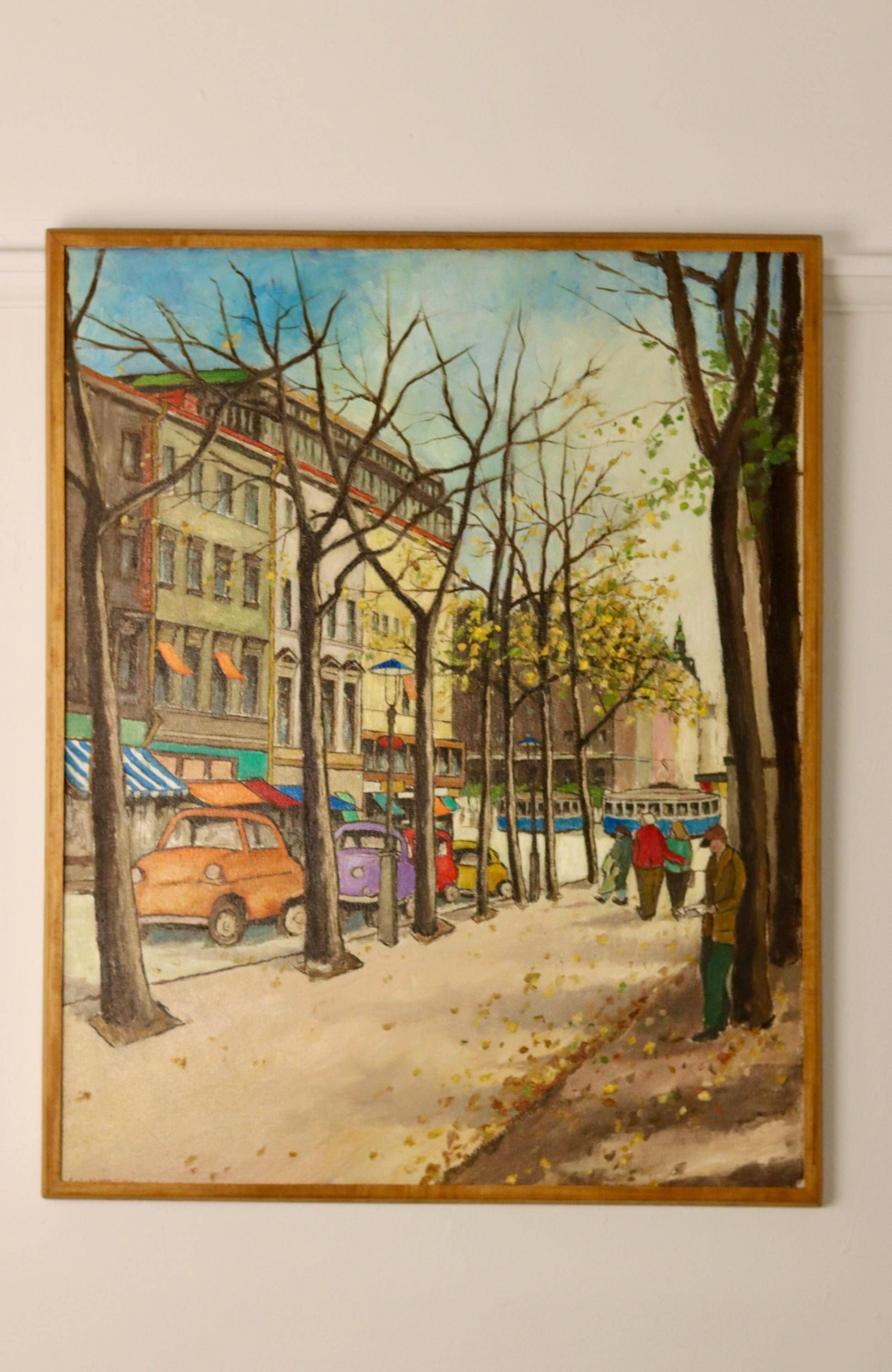 Vintage Large Modernist Original  Oil on Canvas" City Idyll" by - Vintage & Framed