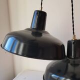 Duo of white and black enameled sheet metal pendants