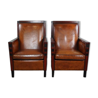 Set of 2 art deco sheepskin leather armchairs