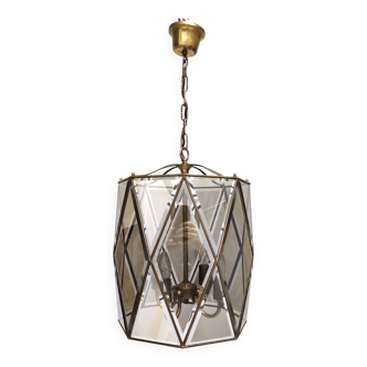 Handmande Octagonal Glass and Brass Pendant Lantern, Italy