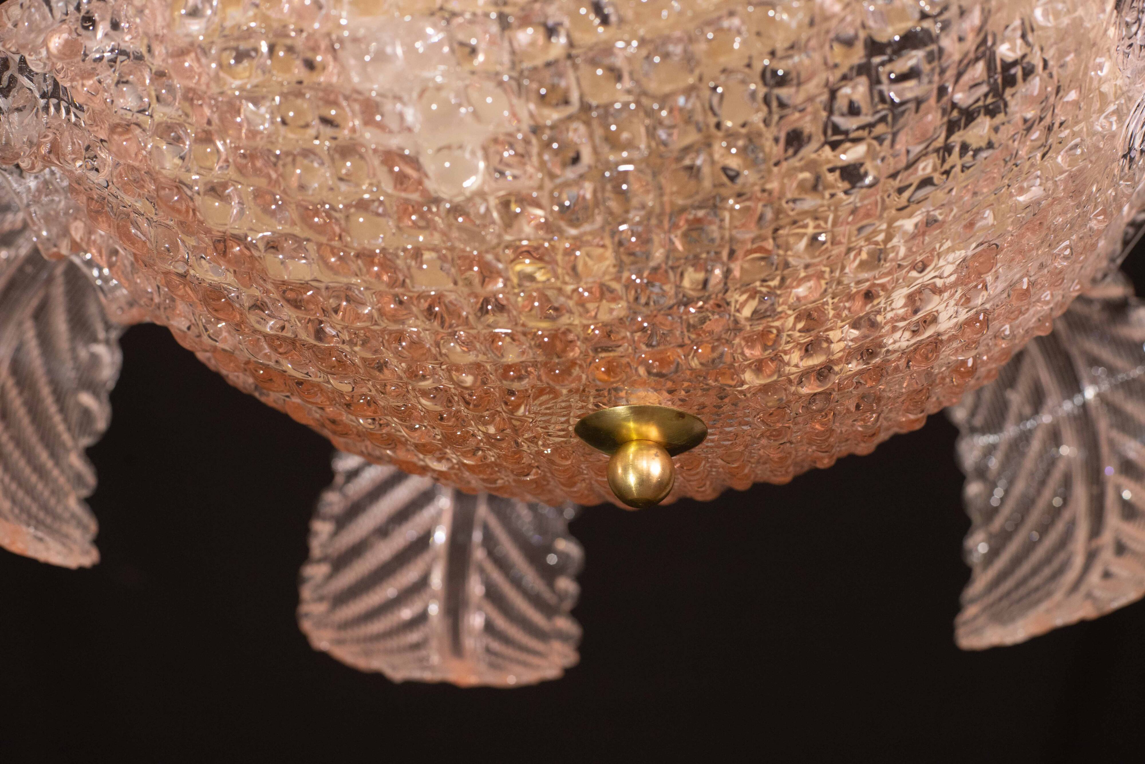 Pink Art Decò Barovier e Toso Chandelier, Murano Glass, 1950s