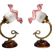 Set of 2 tulip-shaped wall lights in glass, wood, and bronze, art deco style.