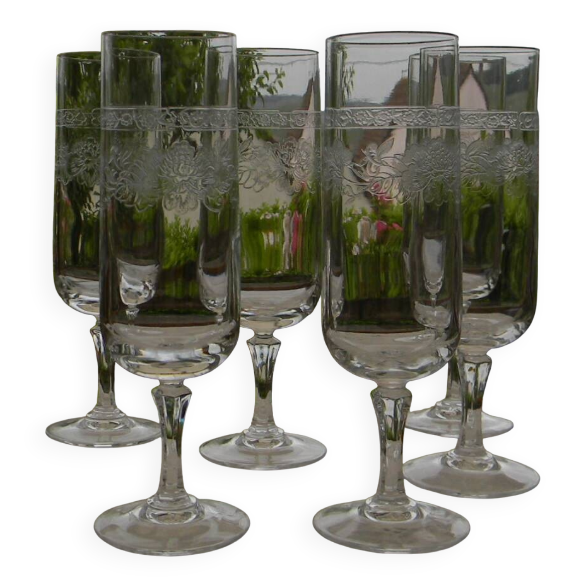 Lot De 6 Flûtes à Champagne Arcopal Victoria - Vintage, Verre Transparent, Modèle Fleuri