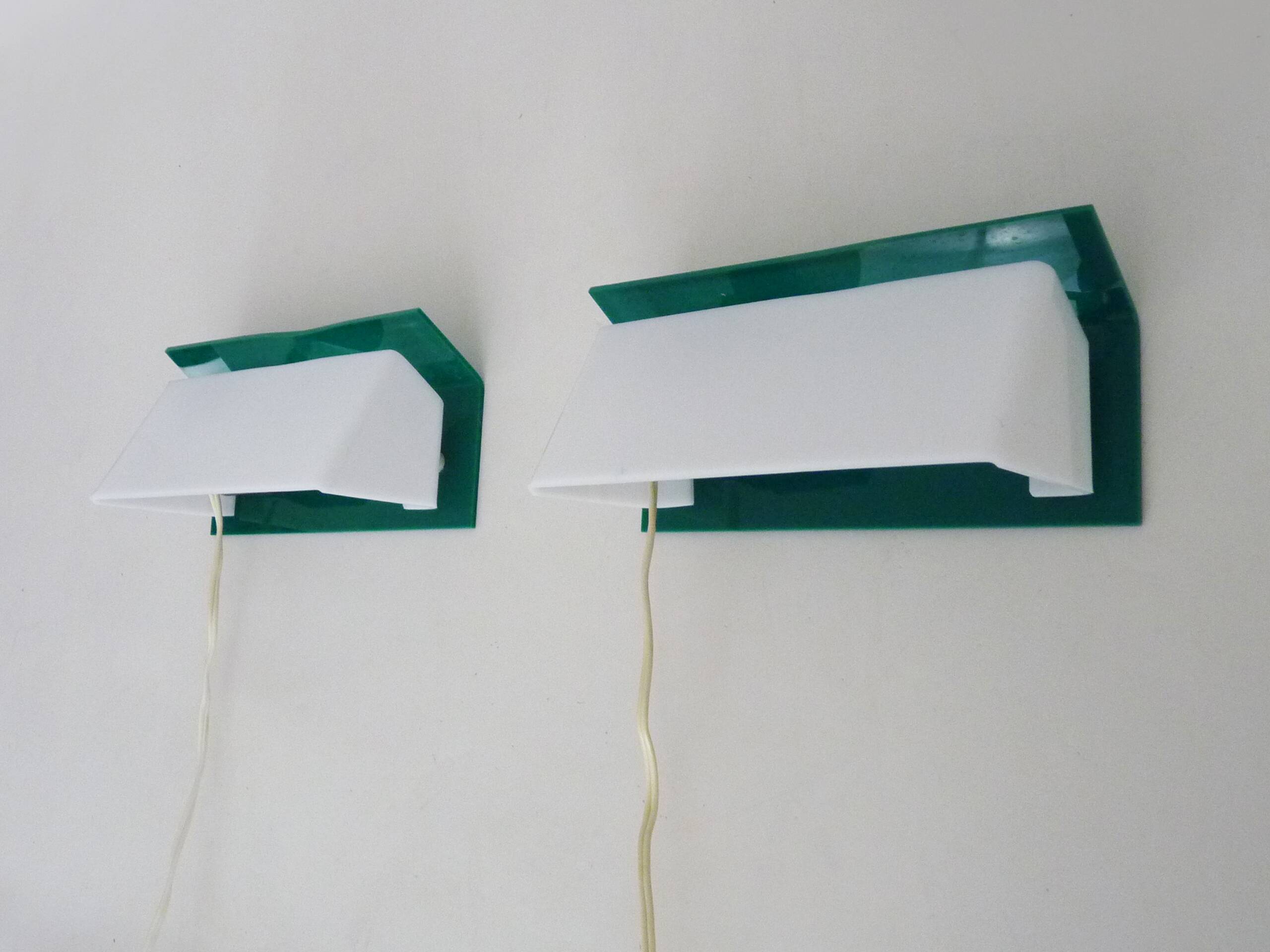 Pair of wall sconces with Scandinavian green and white shutters. 1980s.
