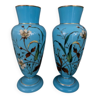 Pair of opaline vases nineteenth enamelled floral decoration gilded highlights