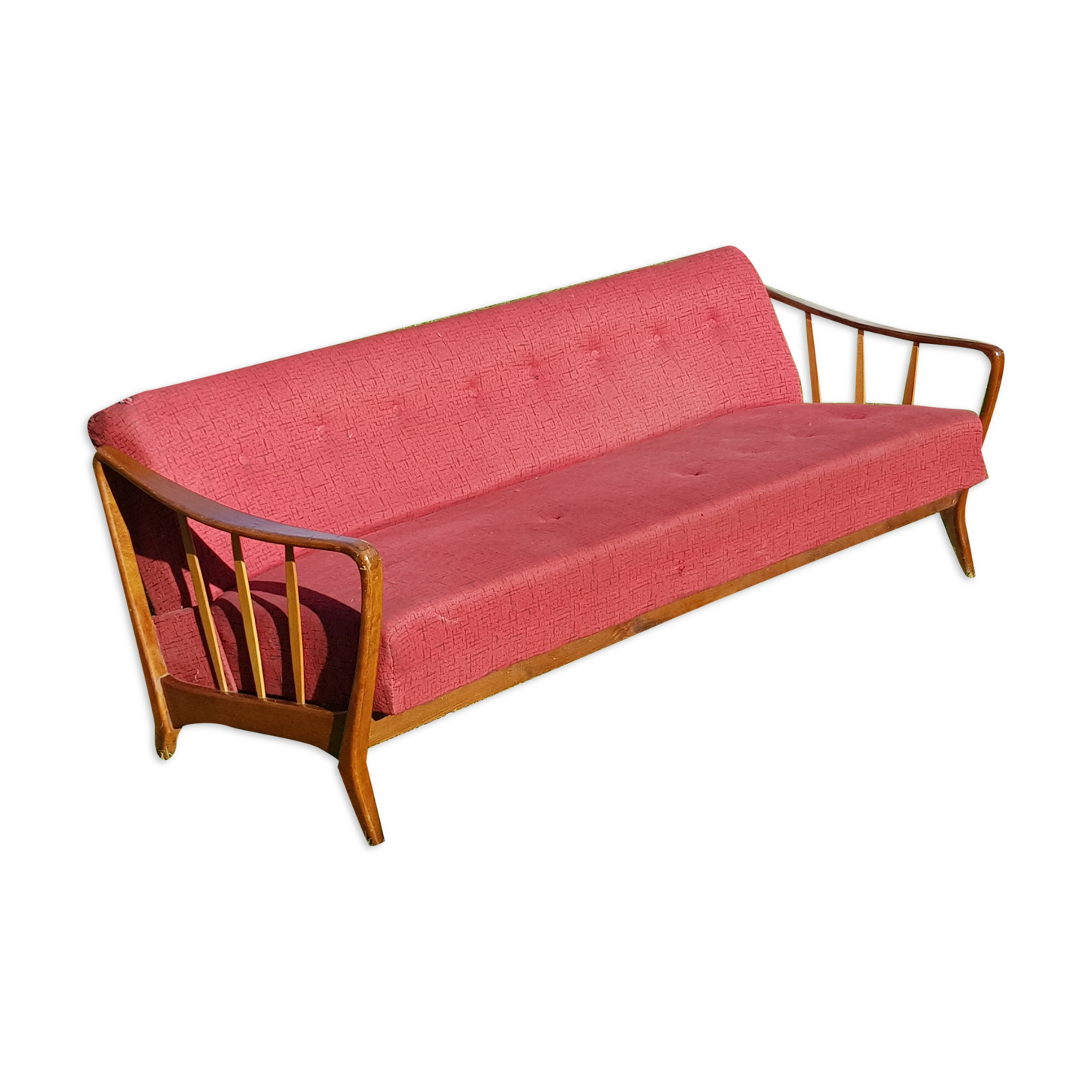 Canapé scandinave vintage années 60-70 bois et tissu rouge