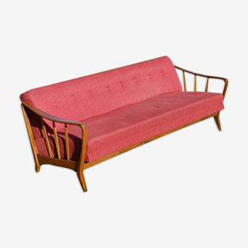 Canapé scandinave vintage années 60-70 bois et tissu rouge