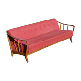 Canapé scandinave vintage années 60-70 bois et tissu rouge