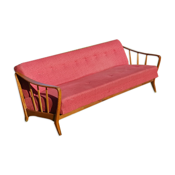 Vintage Scandinavian sofa 60-70s wood and red fabric