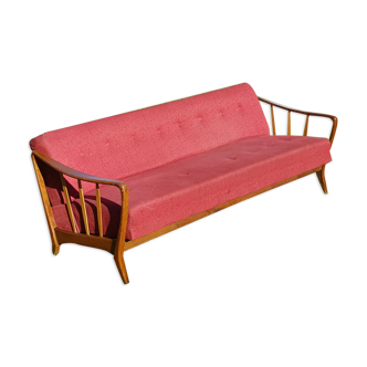 Canapé scandinave vintage années 60-70 bois et tissu rouge