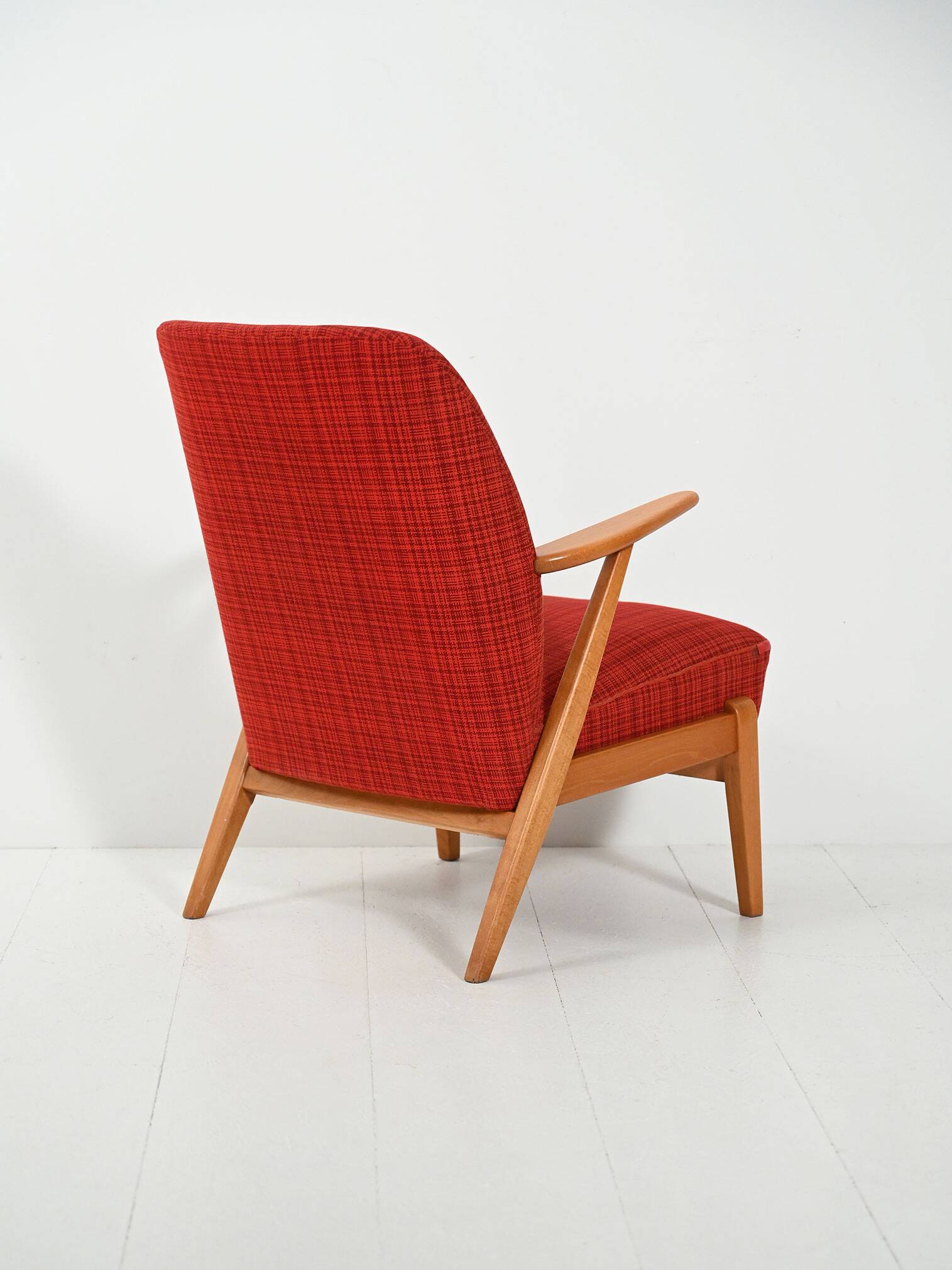 Scandinavian 1950s Beech Armchair with red upholstery