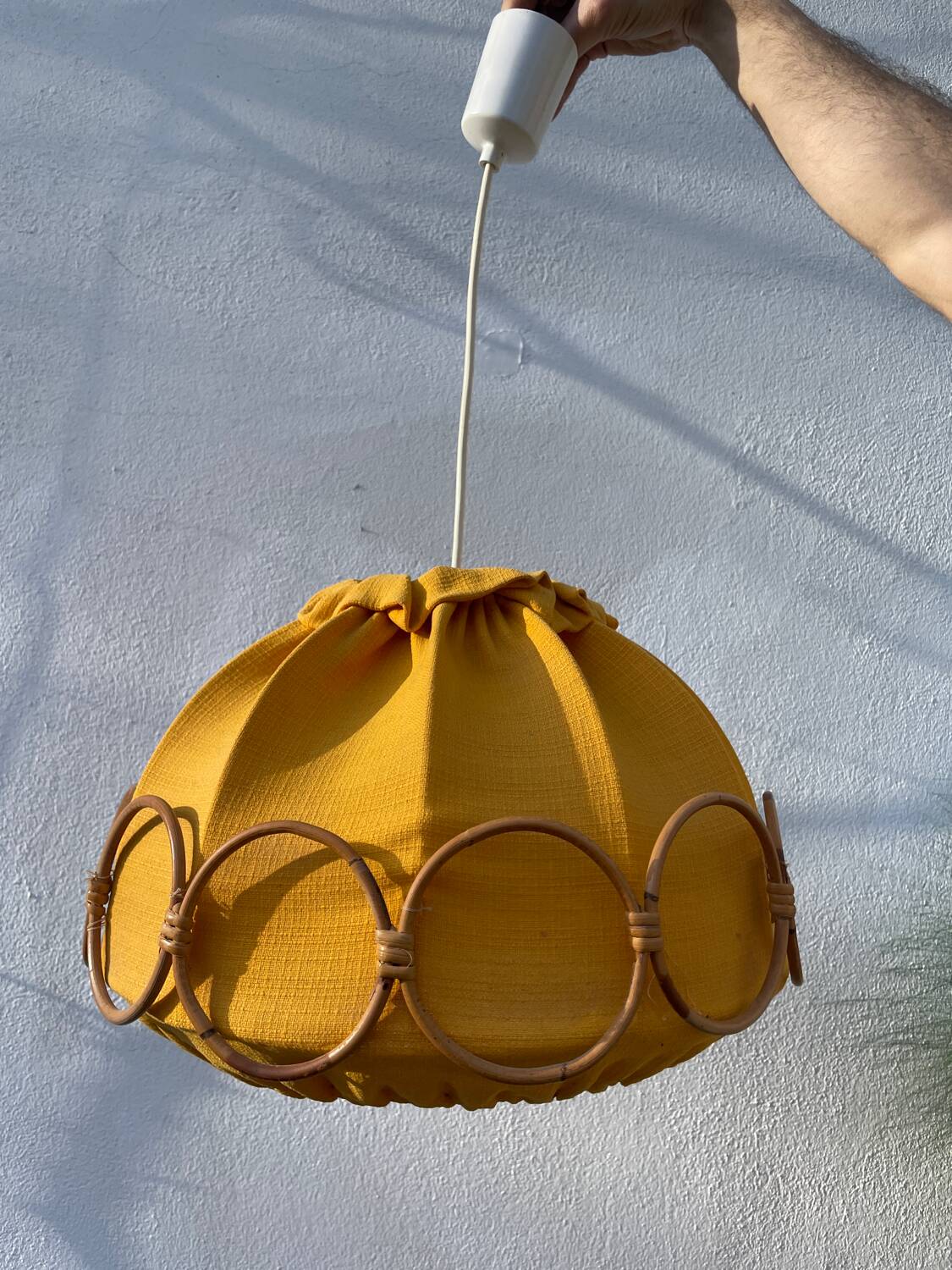 Wooden rattan and fabric suspension