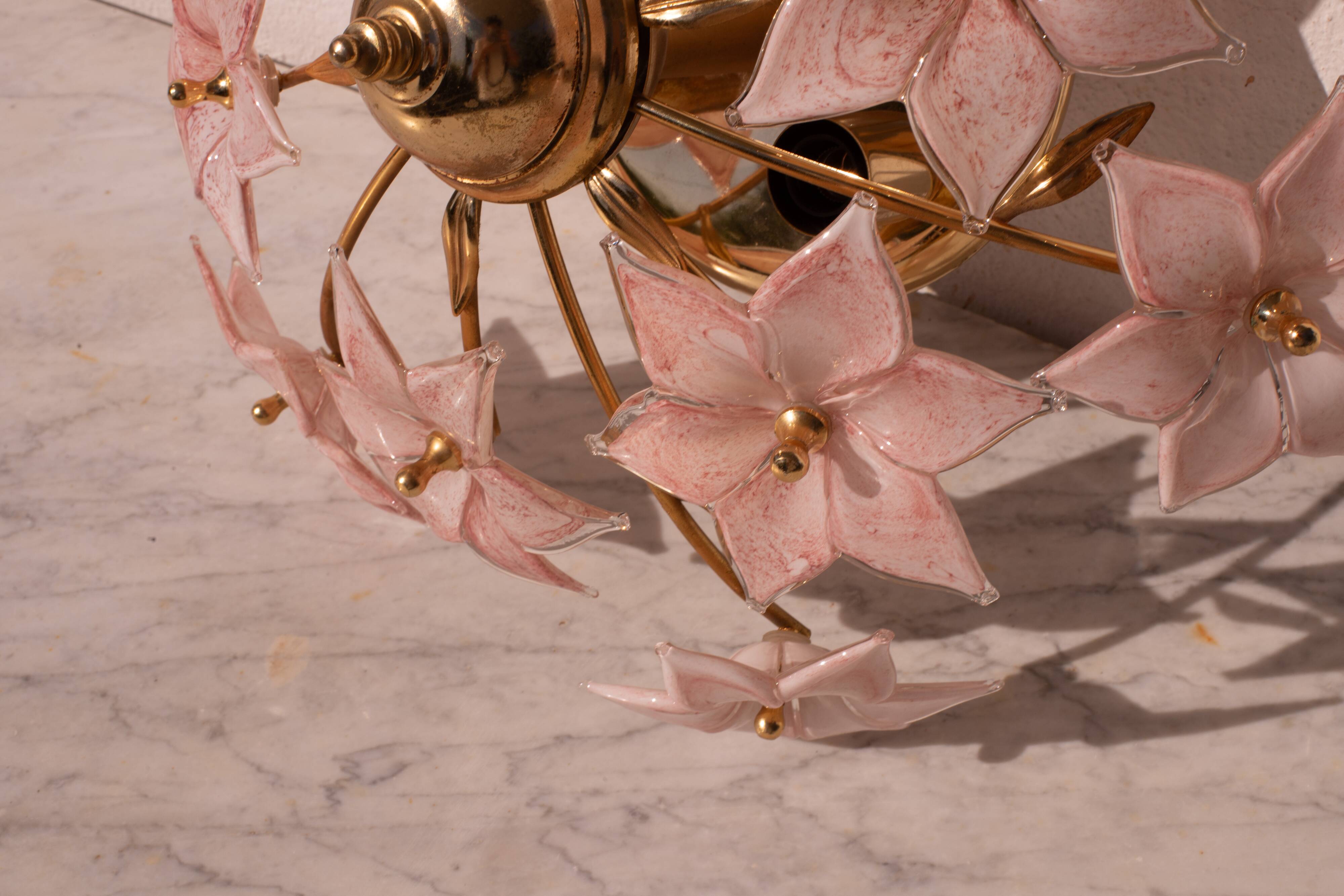 Charming Murano Vintage Ceiling Light Pink Flowers, 1970s