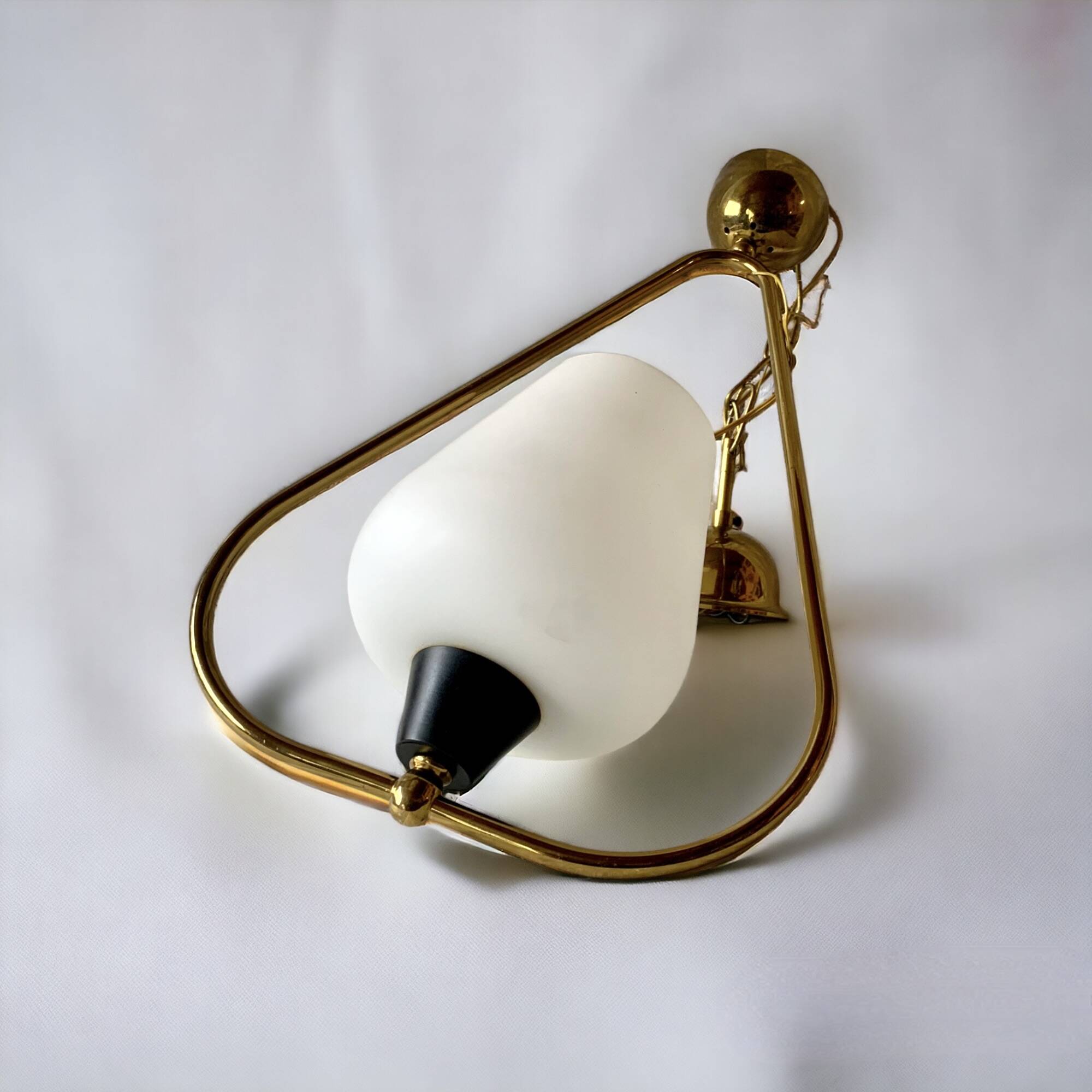 Modernist pendant light in white sandblasted glass and brass