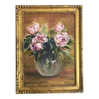 Painting, framed peony canvas
