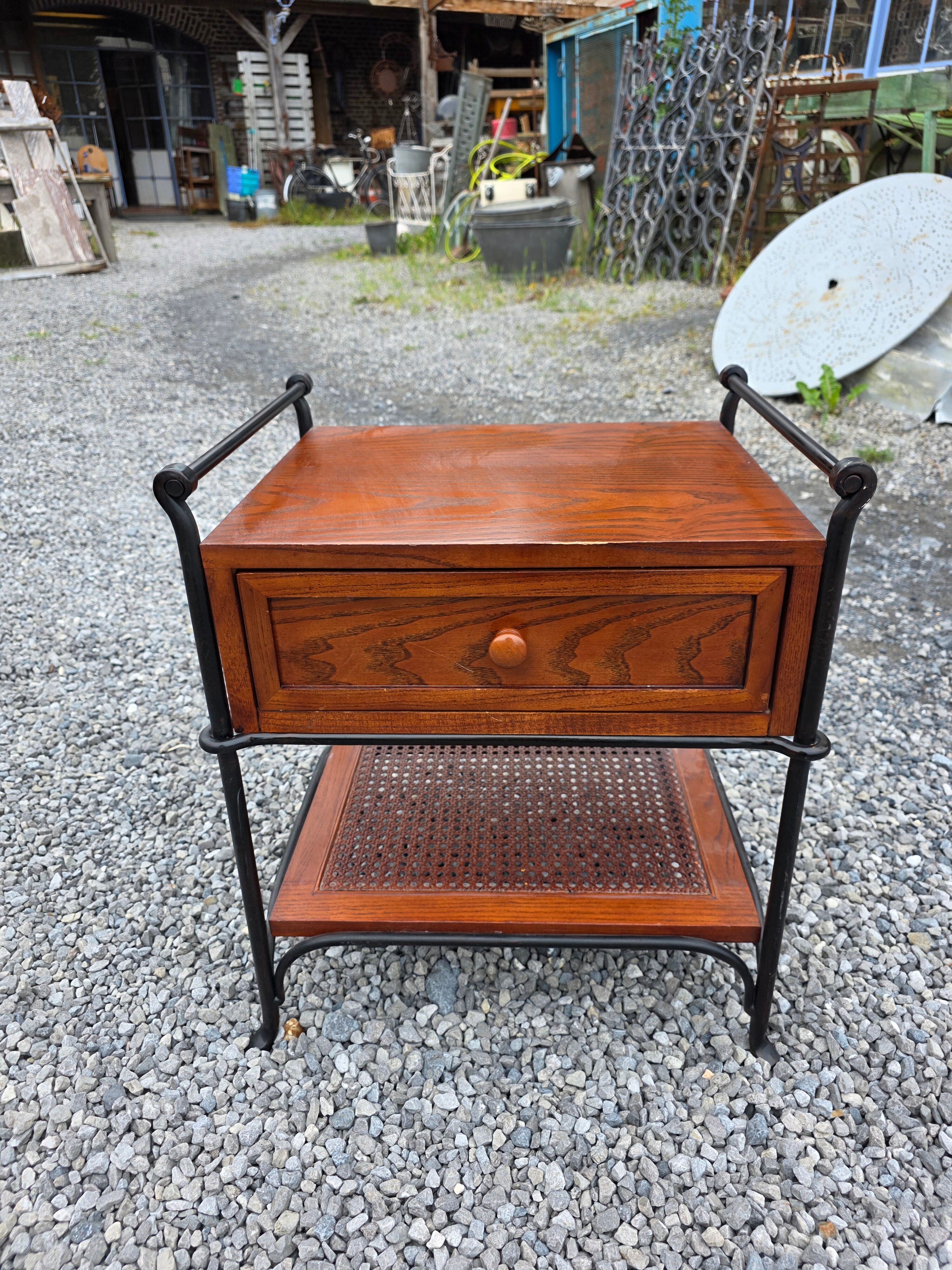 Vintage bedside table in solid oak and wrought iron.