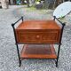 Vintage bedside table in solid oak and wrought iron.