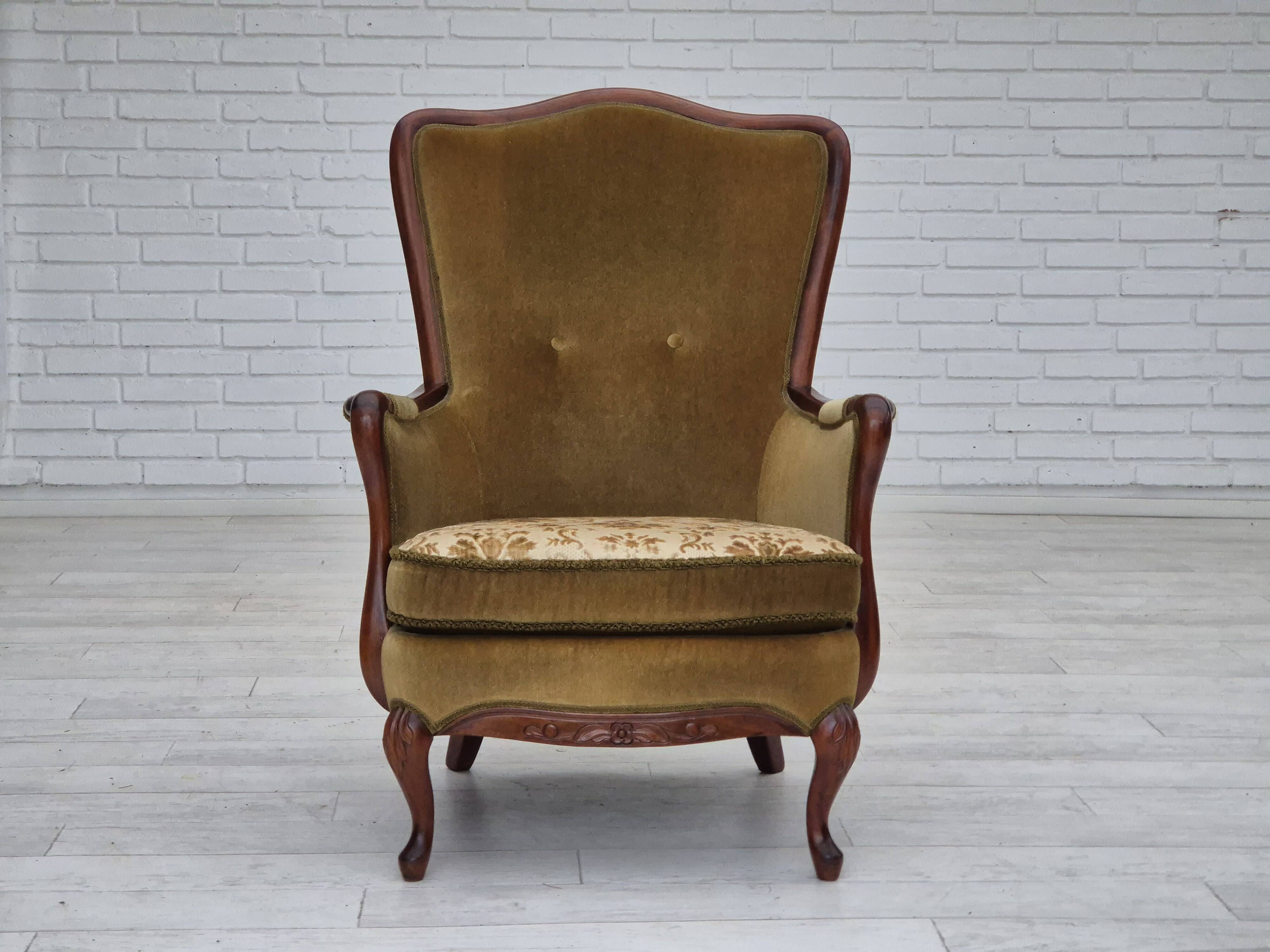1950s, Danish highback armchair, original upholstery, green velour.