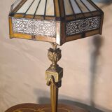 Bronze floor lamp from the 19th century with a handmade stained glass lampshade soldered with lead, measuring 52x26.