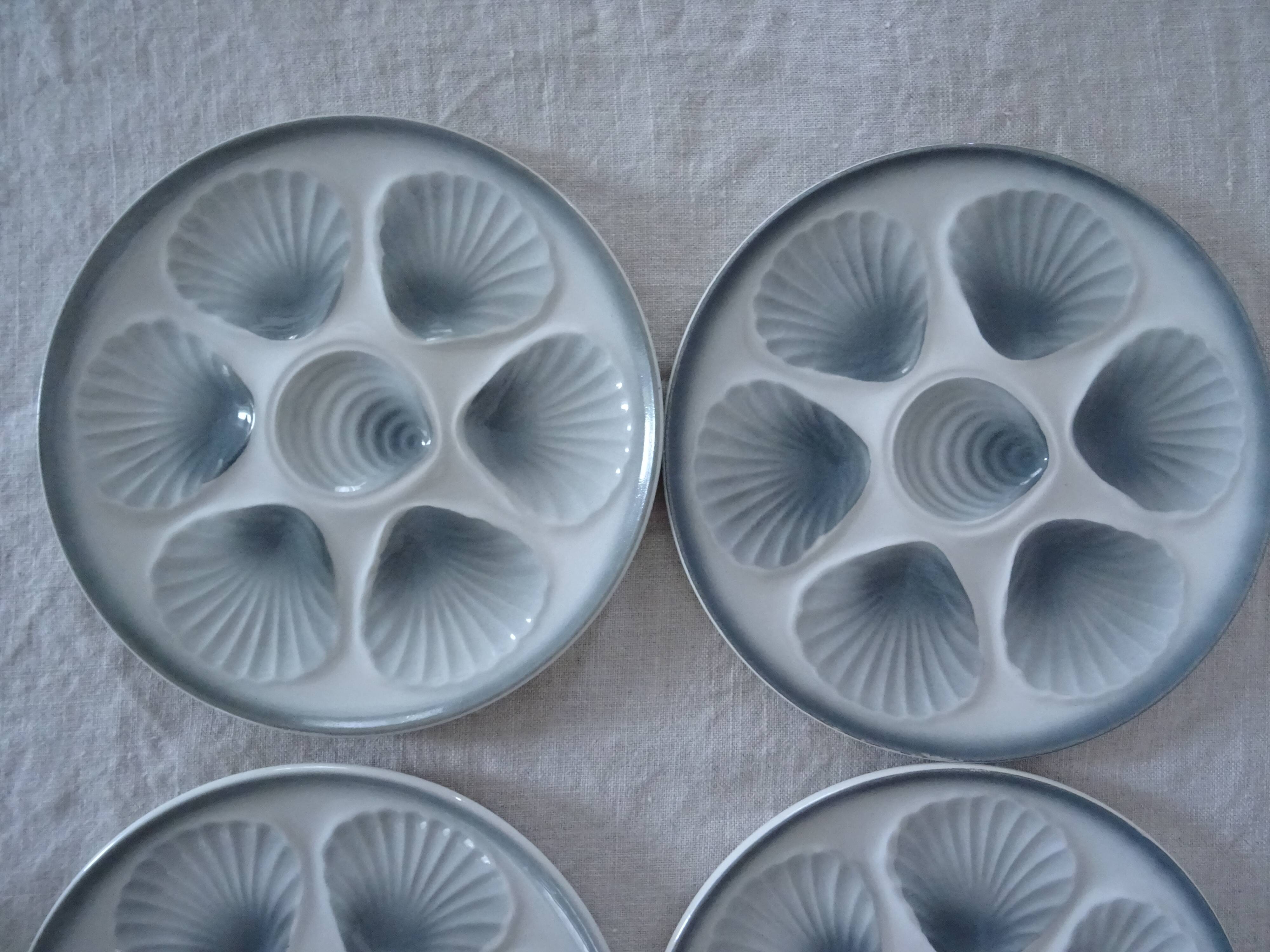 6 oyster plates slip mill wolves blue gray 1492 old faience