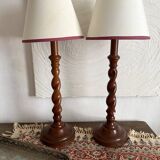 Pair of twisted wooden base lamps