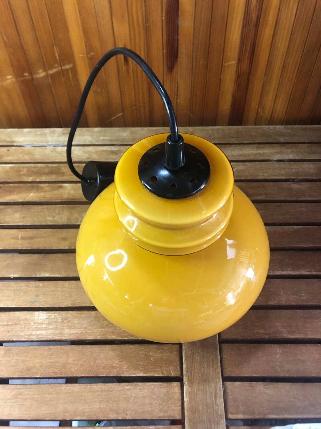 Old Yellow Opaline Pendant Light White Interior 1970s Vintage #A380