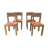 Series of 4 vintage chairs with elm base and brown leather seats in the Pierre Chapo way.