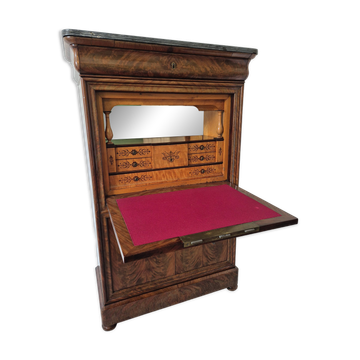 Mahogany secretary desk with marble top and interior mirror.