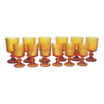 Set of 12 brutalist amber glasses from the 70s