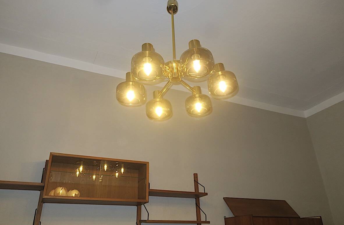 Large brass and glass chandelier by Hans-Agne Jakobsson, Sweden 1960s