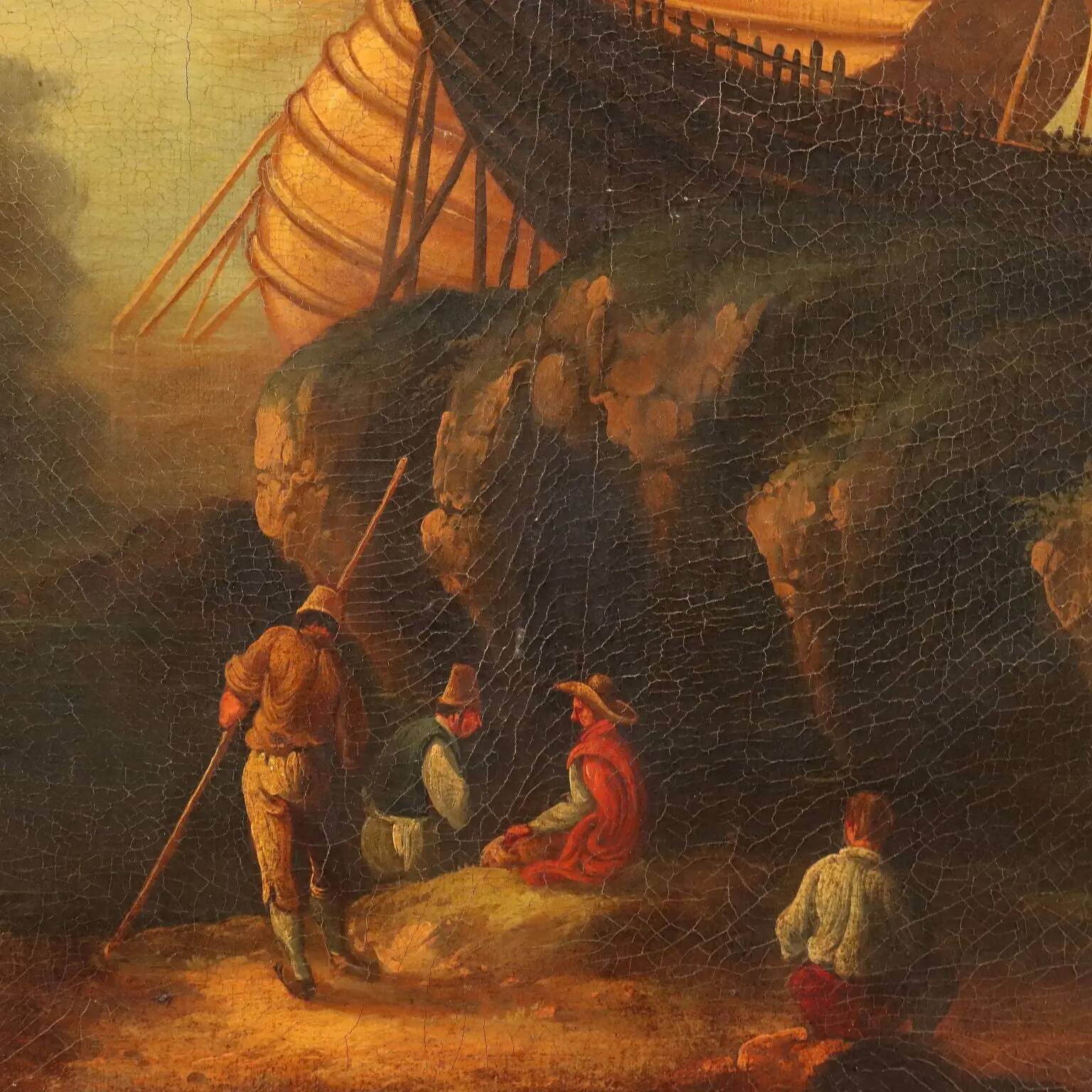 Peinture ancienne paysage avec bateau, huile sur toile, Italie, XXe siècle