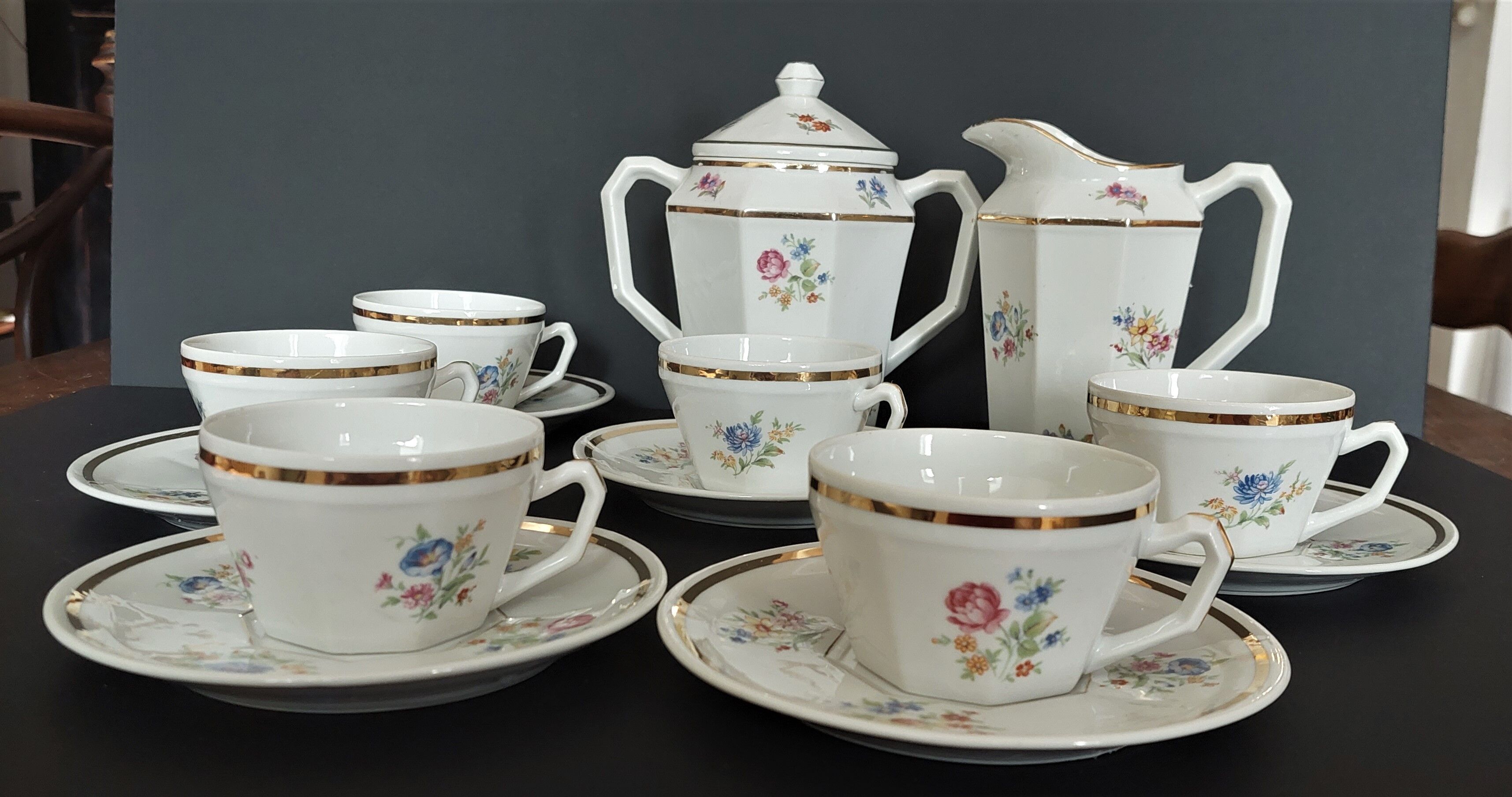 Tea set six cups Limoges porcelain floral decoration