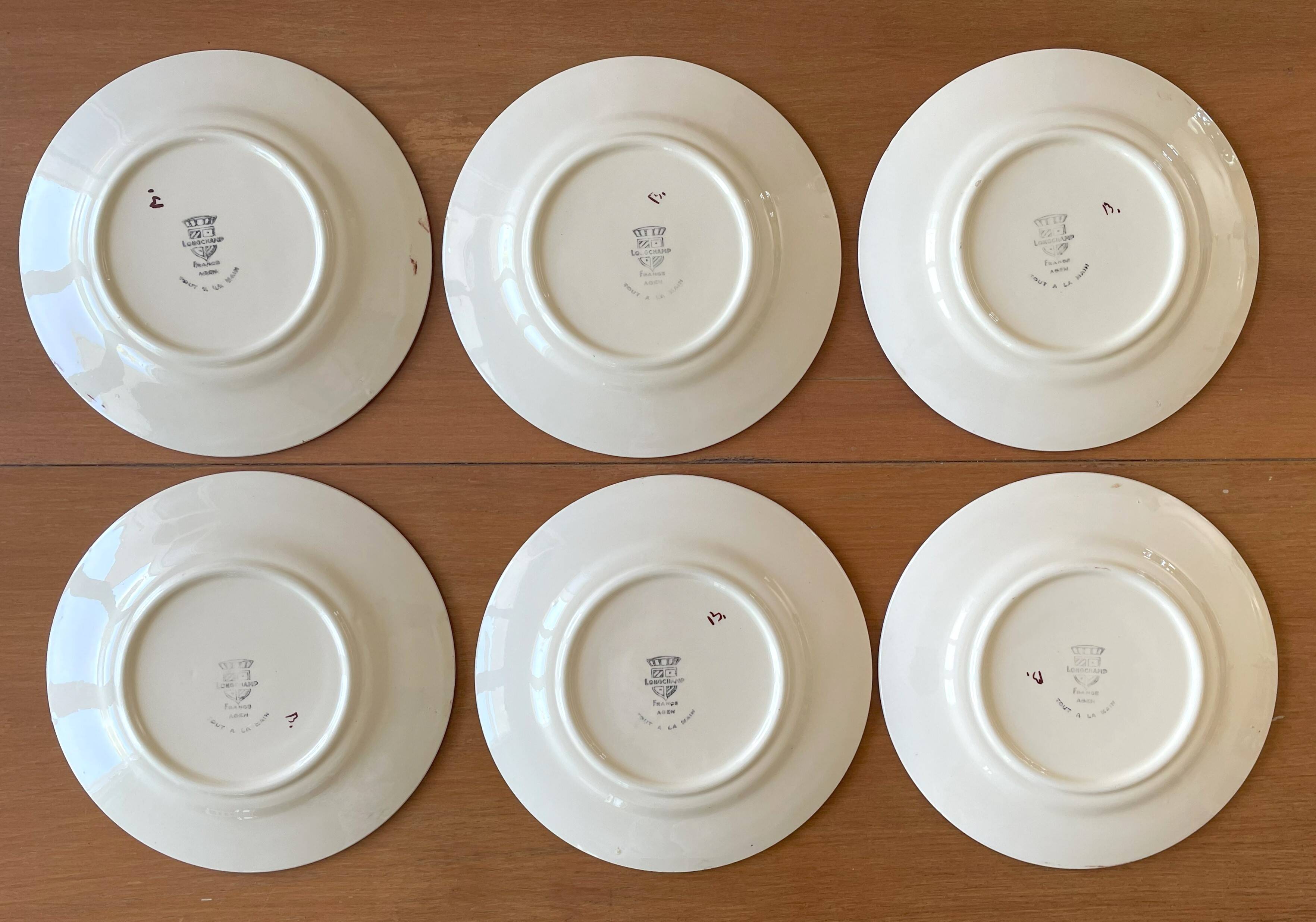 6 antique Longchamp earthenware dessert plates