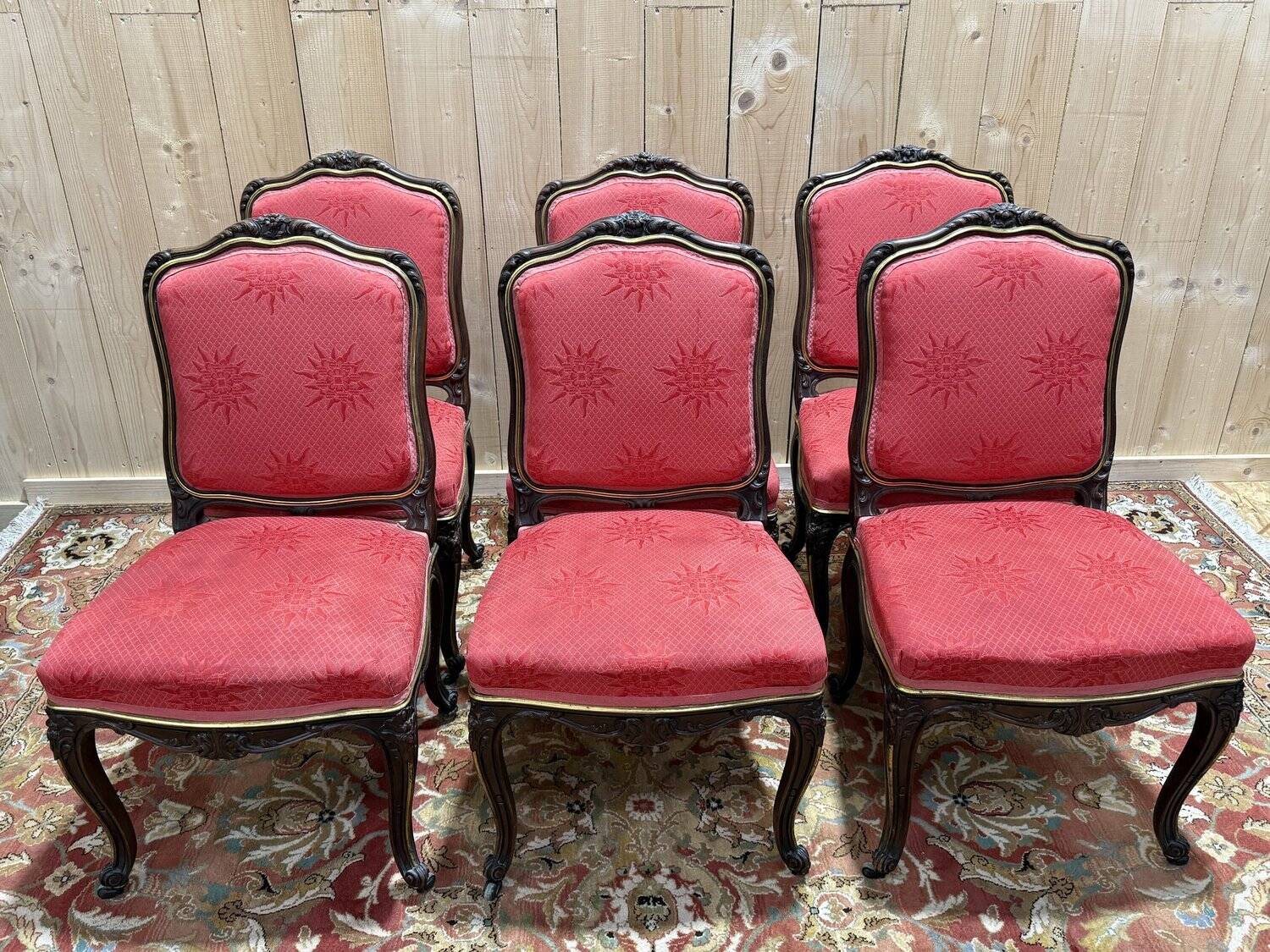 Set of 6 Louis XV style chairs in walnut and brass.