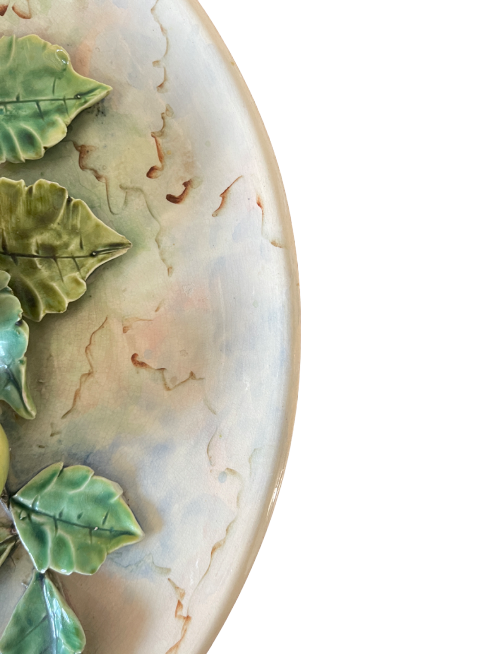 Ceramic flat polychrome slip circa 1900 decorated with apple trees